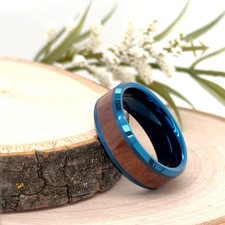8mm Sleek Blue Tungsten Fashion Ring Center Wood Inlay Unisex Band For Christmas