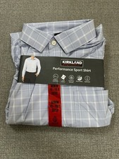 Kirkland Signature Men's Performance Sport Shirt Blue Plaid Button-Up Size M