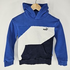 Puma Boys Blue White Navy Colorblock Fleece Hoodie Sweatshirt Pullover Small 7/8