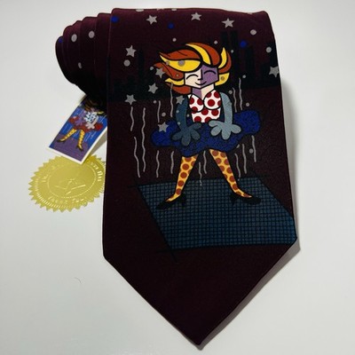 New w Tag Romero Britto Burgundy Silk Tie w Lady 56.5x4  
