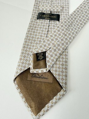 Corneliani Silk Tie Beige Gold Geometric Made in Italy Luxury Mens Necktie