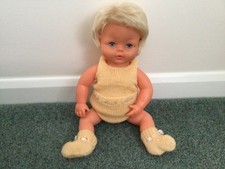 Vintage 'Tiny Tears' doll with hand knitted clothes and baby blanket