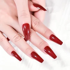 Glossy Press on Nails Long Coffin False Nails Faux Ongles Reusable Solid Red