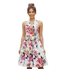 NWT Adrianna Papell Size 8 Floral Halter Fit & Flare Midi Dress Pink White Multi