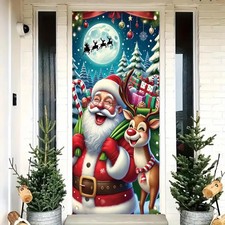 Merry Christmas Door Banner 35x71 Inch Santa Claus and Reindeer Holiday Front...