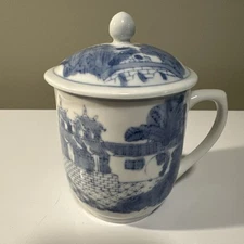 Vintage Pier 1 Asian Tea Cup w/ Lid White & Blue Porcelain