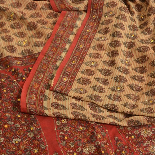Sanskriti Vintage Sarees Beige Pure Crepe Hand Beads Print Sari 5yd Craft Fabric - Picture 12 of 12