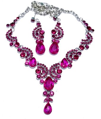 Necklace Earring Set Rhinestone Austrian Crystal Hot Pink Prom Pageant Jewelry