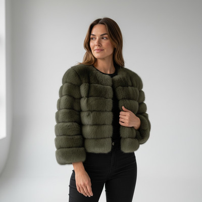 LoveaParis Luxus Khaki Grün Echt Fuchspelz Cropped Jacke Mantel Winter Glam