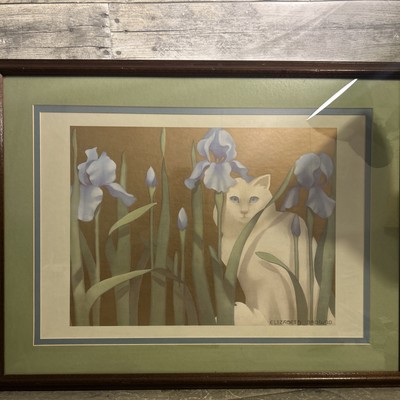 Vintage Elizabeth Brownd Cat Hiding Behind Iris's Print Framed 19 x25 