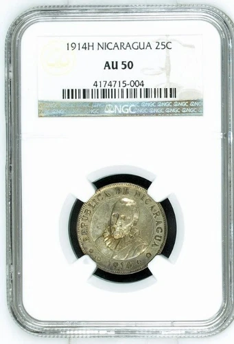 1914 NICARAGUA 25 CENTAVOS DE CORDOBA ~ SILVER ~ SUPER NGC ABOUT UNCIRCULATED 50