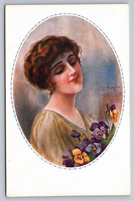 Vintage C.E.N.V. Italian Art Postcard - Flapper Woman with Pansies F.S. Pott
