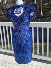 VTG DESTINEE Evening Dress Silk Beaded Sequin Gown Sz 6 MINI