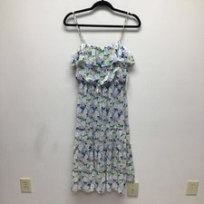 Row A Womens Sundress Ivory Purple Floral Lined Square Neck Ruffle Tiered S New