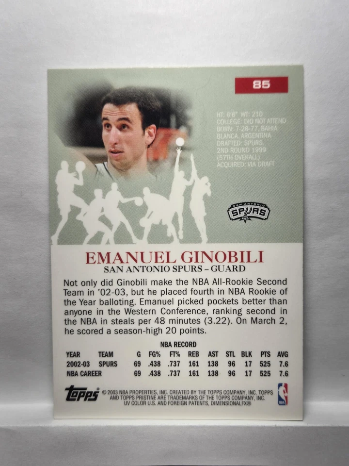 2003-04 Topps Pristine - #85 Manu Ginobili - Image 2 of 2