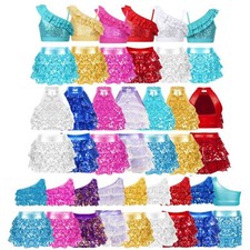 Kids Girls Lyrical Dance Set Shiny Sequins Tops Tutu Skirt Latin Ballet