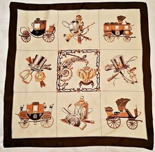 VINTAGE AUTHENTIC EQUESTRIAN ART CARRIAGES BROWN BEIGE SILK 34" SQUARE SCARF