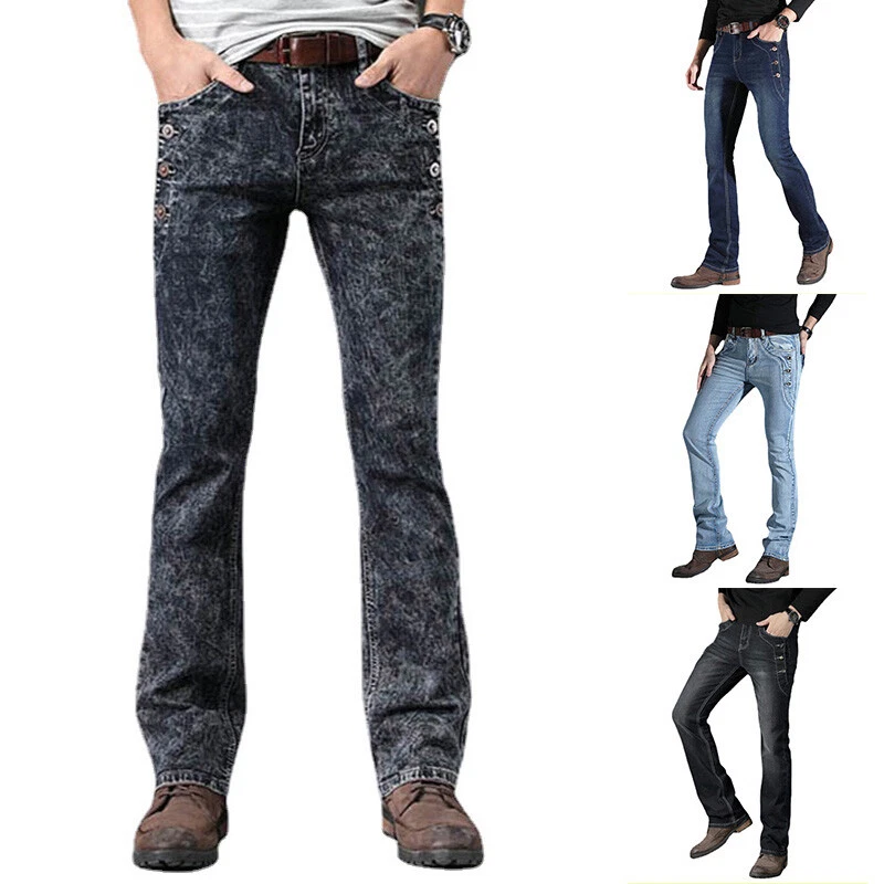 Men Distressed Denim Pants Stretch Slim Bootcut Jeans Trousers Button Detail