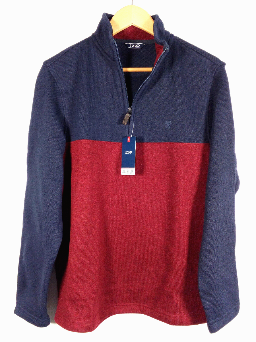 NEW IZOD Sweater Mens Small Blue Red Quarter 1/4 Zip Pullover Long