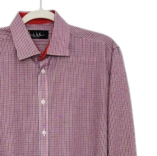 Camisa de vestir Nicole Miller ajustada a cuadros talla mediana roja multicolor. Foto 4 de 4
