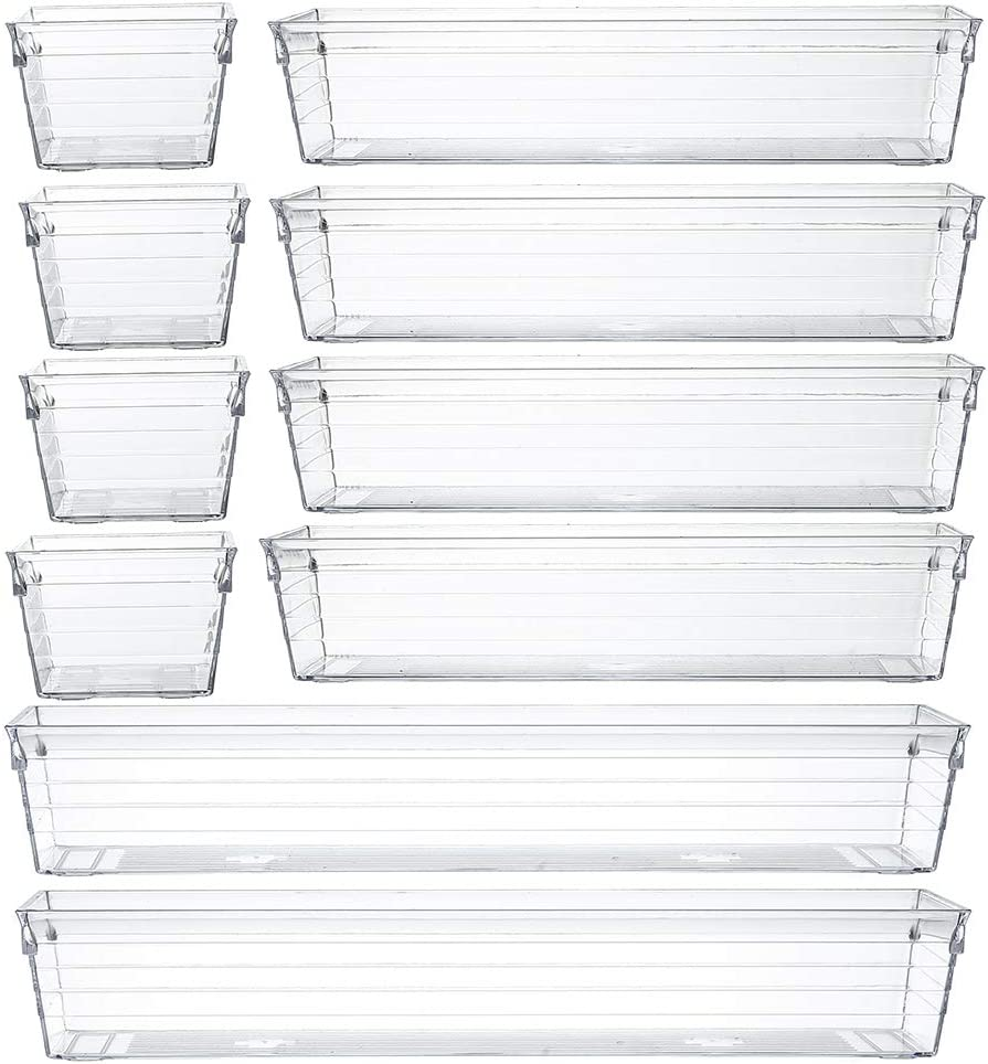 Clear Plastic Drawer Organizer Tray Set of 10 for Vanity Cabinet Storage