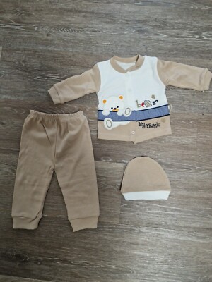 Nana Baby Strampler, Shirt und Mütze Set Bear 100% Baumwolle Gr. bis 3 Monate