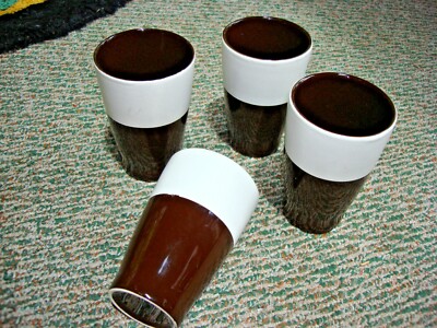 Set / 4 Chocolate Brown & Cream White Ceramic Porcelain Tumblers / Mugs - 10 oz.