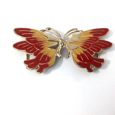 Vintage Brass Belt Buckle Enameled Butterfly Red Orange Yellow 4.5" x 2.5" Korea