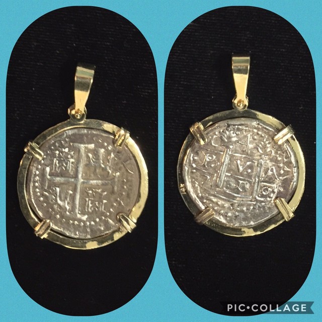 Atocha Silver Coin Pendant Solid 14K Gold Bezel Spanish Reale Replica