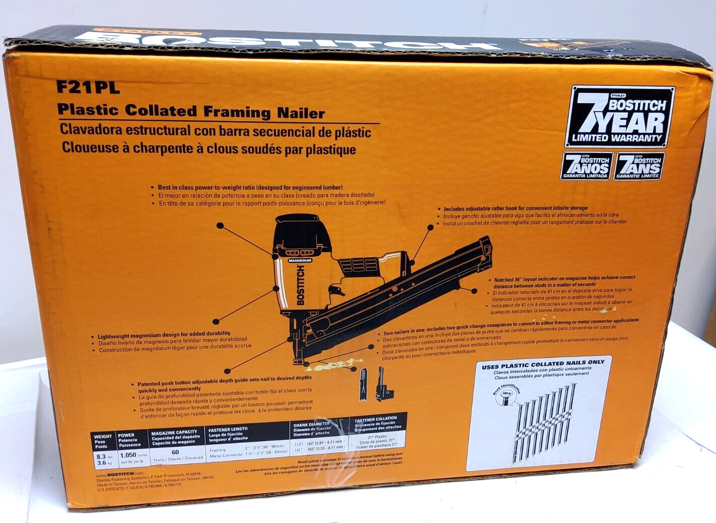 New Bostitch F21PL2 2" - 3 1/2" 21 Degree Industrial Framing Nailer