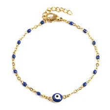 Bracelet Blue Evil Eye Beaded Chain Gold Plated Stainless Steel 7-8 Inches