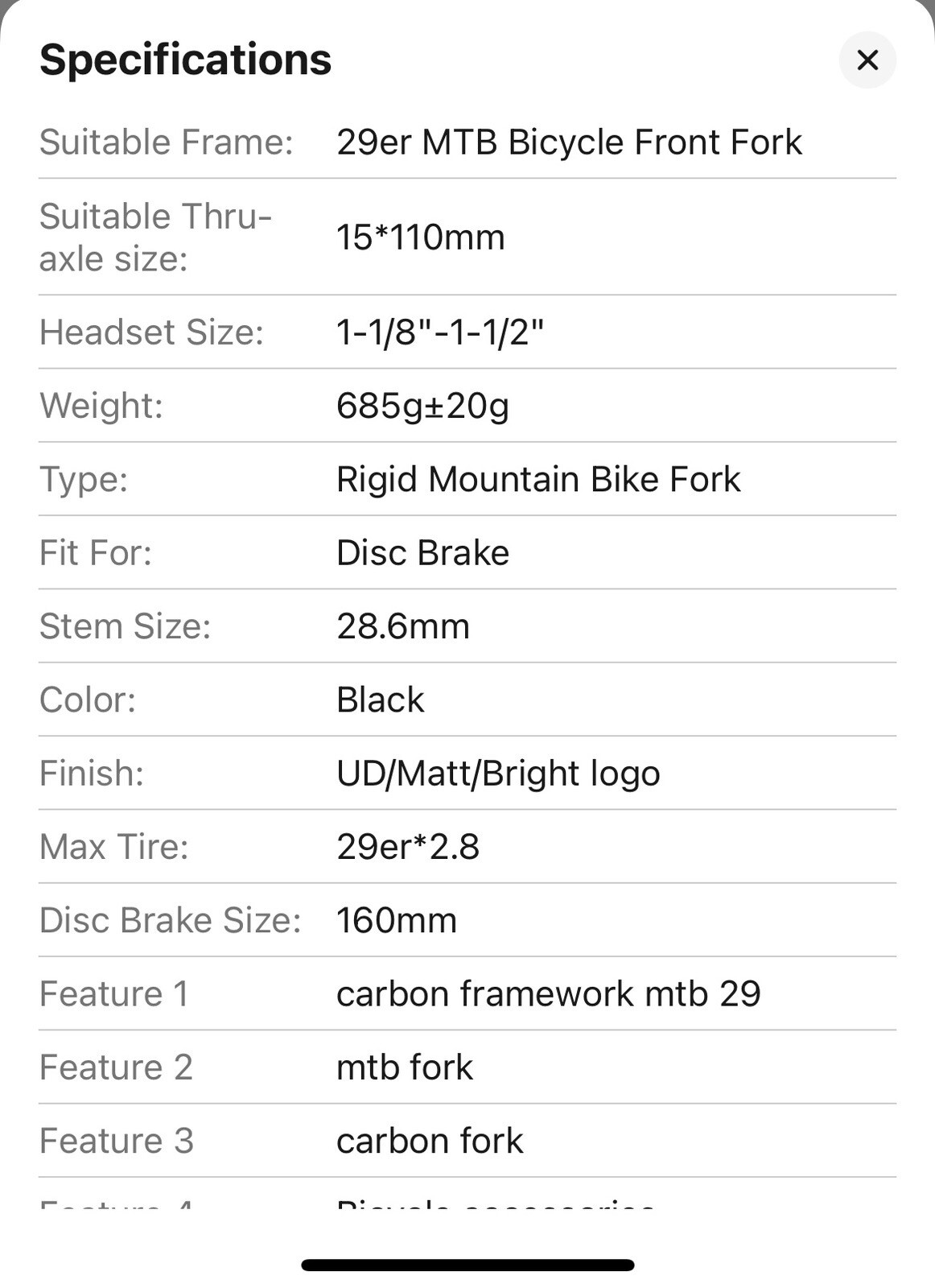 Carbon Rigid MTB Fork 29r eBay