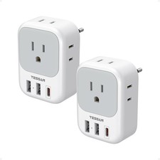 2 Pack European Travel Plug Adapter, Europe Power Converter 4 Outlets 3 USB 1 US