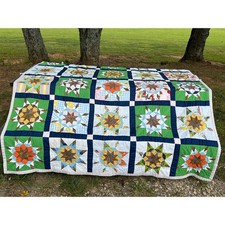 Vintage Eight Point Star Quilt Hand Sewn 70x84 Blue Green Farmhouse Cottage