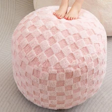 Round Stuffed Pouf Ottoman, Plaid Poufs with Foam Chunk Filling, Fluffy and F...