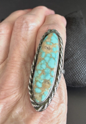Large Native American Sterling Silver 925 Artisan Made Turquoise Oval Ring Rope