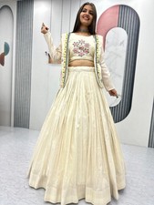 Elegant Cream Lehenga Choli with Embroidered Blouse  Jacket   Party Wear Outfit