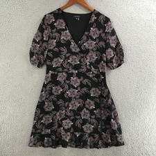 1.State Faux Wrap Dress Womens 12 Short Sleeve V-Neck Casual Floral Print Black