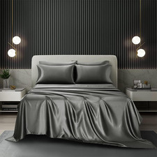 4 Piece Queen Size Satin Bed Sheet Set Deep Pocket Solid Gray Color Luxury Silky