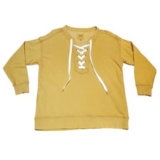 Aerie Lace-Up Oversized Crew Sweatshirt Mustard Yellow XS Distressed Hem