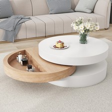 Coffee Table w/ 360° Rotating Layer & Hidden Storage, Sofa Side End Table White