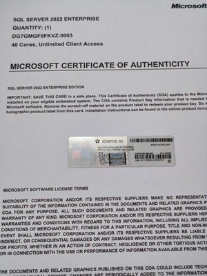 SQL Server 2022 Enterprise 40 Kerne Unlimited User CALs COA Authentic RETAIL