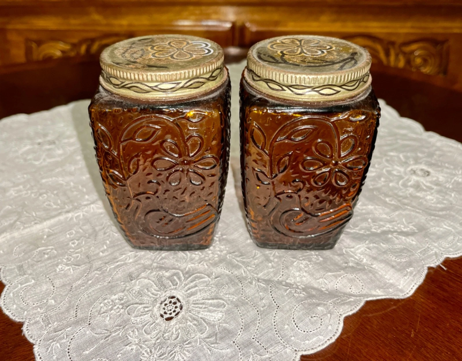 Pair MCM Bird of Peace Amber Glass Jars 1960's Wayne Husted Stelvia Empoli Italy
