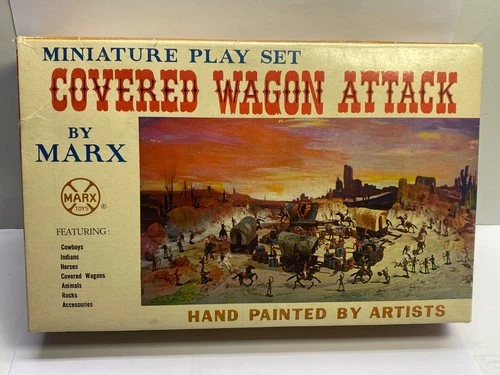 Marx Vintage Rare Miniature Play Set Covered Wagon Attack Hand Painted W/ Box