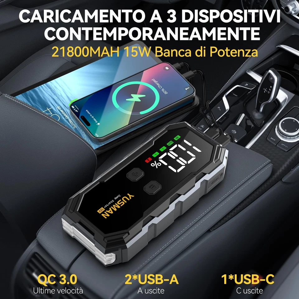 YUSMAN Booster Avviamento 7000A Portatile Avviatore di Batteria Auto 12V (fino a - Immagine 4 di 4