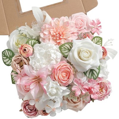 White Pink Artificial Flowers Silk Fake Roses Peonies Greenery Combo Box Set ...