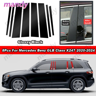 8Pcs Black Window Door Pillar Post Cover Trim For Benz GLB Class X247 2020-2024