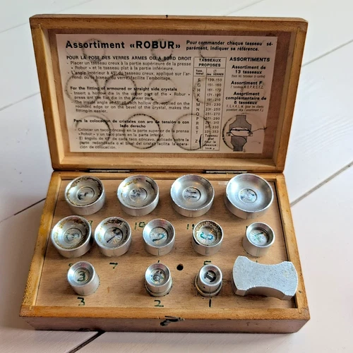 Robur Watch Crystal Fitting Dies Vintage Set of 13 in Wooden Box