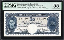 Australia 5 Five Pounds P27c R47 1949 Coombs Watt PMG55 aUNC Banknote Note RARE