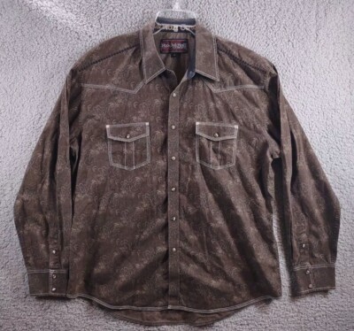 Rock & Roll Cowboy Shirt Mens Extra Large Pearl Snap Long Sleeve Brown Paisley